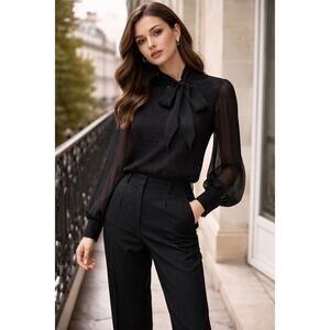 Ryegrass Blk Sheer Blouse Tie Neck Mesh Detail Long Sleeve Size XL Romantic Top